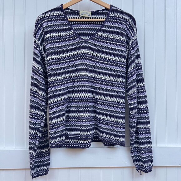 Vtg Sweater Purple Striped Y2K V-Neck Knit Pullover Womens M Soft Cozy Cabincore - Picture 2 of 10